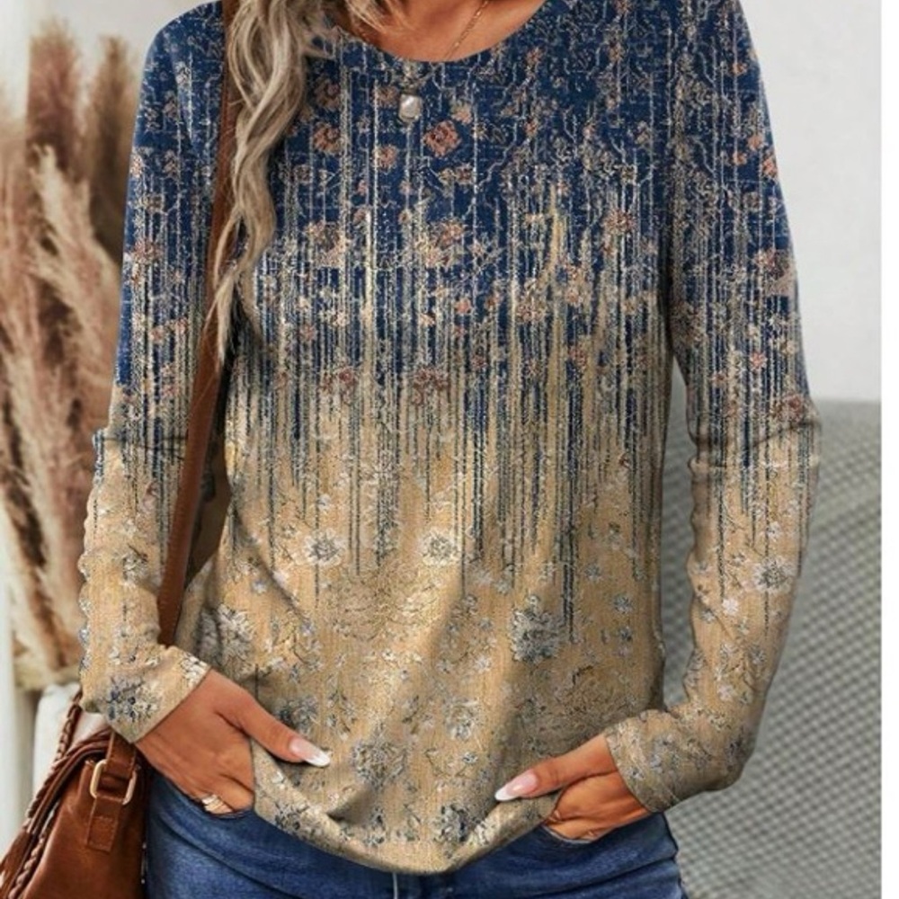 Plus Elegant Blue and Tan Women's Top